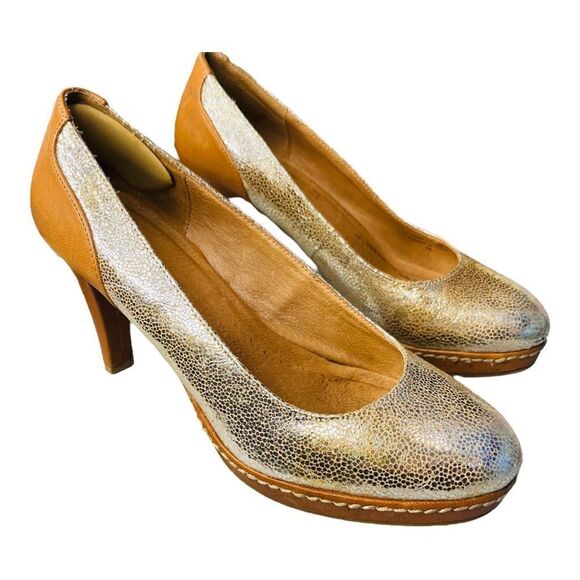 ANTHROPOLOGIE SCHULER and Sons Philadelphia Leather Metallic Gold Pumps High Hee - Picture 6 of 10